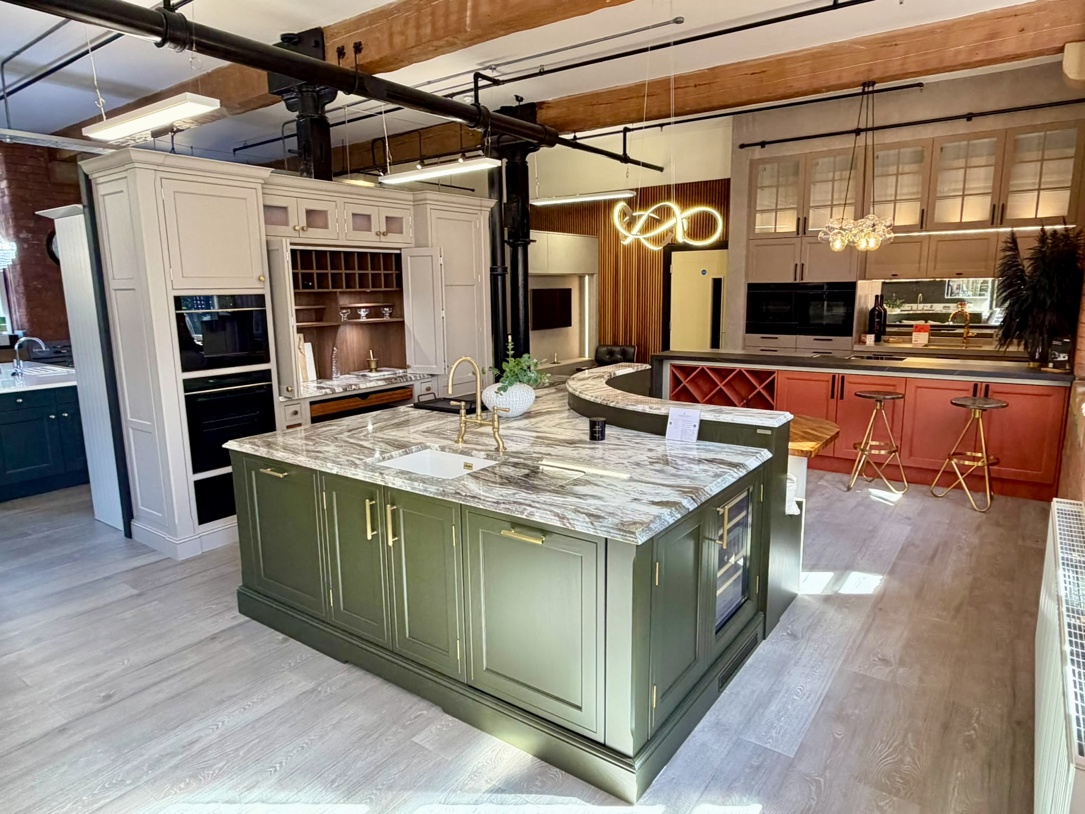 Kitchen displays inside the Arlington Interiors showroom at Sunny Bank Mills, Farsley, Leeds