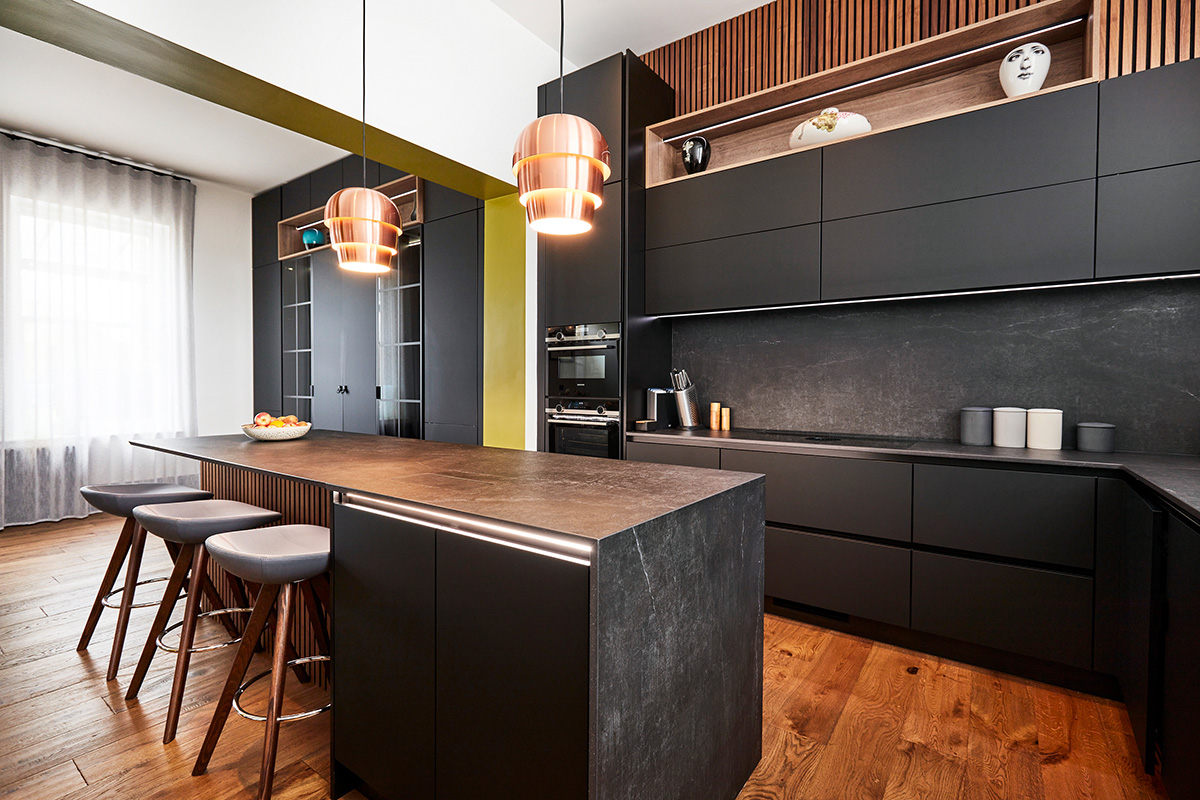 Waterfall kitchen island with breakfast bar in Leeds