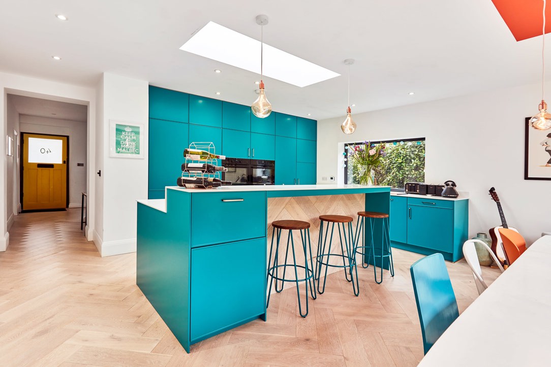Teal german kitchen fitted in Leeds